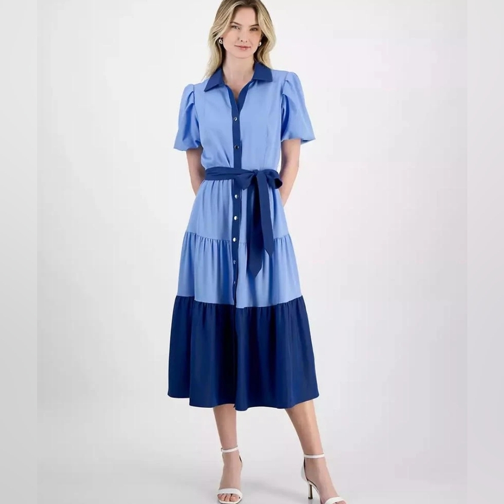 Tahari Puff Sleeve Tiered Blue Midi Dress Size 2 NWT